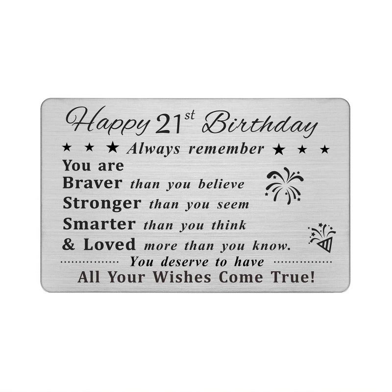 DEGASKEN Happy 21st Birthday Card  21 Year Old Birthday Gifts for Men Women Him  Permanent Engraved Steel Wallet Card - Image 1
